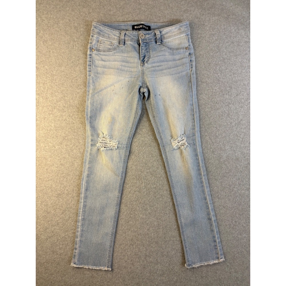 Blue Spice Light Wash Distressed Skinny Jeans Size 8 Raw Hem Ripped Knee Stretch
